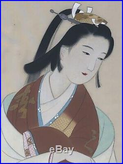 HUGE Antique Vintage JAPANESE GEISHA GIRL WATERCOLOR ON SILK PAINTING SIGNED