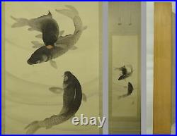 IK173 KOI Fish Carp Animal Hanging Scroll Japanese Art painting Nihonga Picture