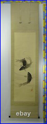 IK173 KOI Fish Carp Animal Hanging Scroll Japanese Art painting Nihonga Picture