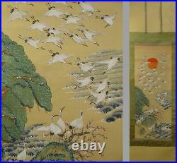 IK43 KAKEJIKU Crane Bird Pine Ume Hanging Scroll Japanese Art painting Picture