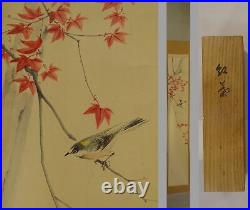 IK585 Autumn leaves Maple Bird Hanging Scroll Japanese painting antique Picture