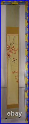 IK585 Autumn leaves Maple Bird Hanging Scroll Japanese painting antique Picture