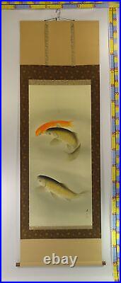 IK729 KAKEJIKU carp fish Hanging Scroll Japanese Art painting antique Picture