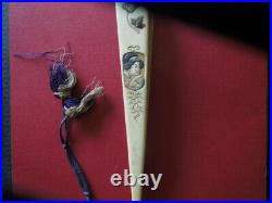 J2791 ANTIQUE JAPANESE Geisha FAN NICE CARVED + PAINTINGS SEE DESCRIP