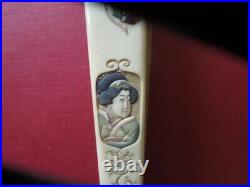 J2791 ANTIQUE JAPANESE Geisha FAN NICE CARVED + PAINTINGS SEE DESCRIP