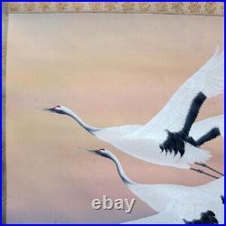 JAPANESE ART PAINTING CRANE HANGING SCROLL OLD Fly JAPAN VINTAGE e369