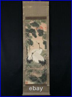 JAPANESE ART PAINTING CRANE HANGING SCROLL OLD PINE JAPAN ANTIQUE e420
