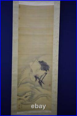 JAPANESE ART PAINTING CRANE HANGING SCROLL OLD Wave JAPAN ANTIQUE Original 485p
