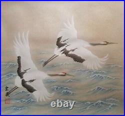JAPANESE ART PAINTING CRANE HANGING SCROLL OLD Wave JAPAN ANTIQUE PICTURE e492