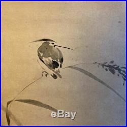 JAPANESE ART PAINTING kingfisher Flower HANGING SCROLL OLD JAPAN Antique 179p