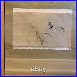 JAPANESE ART PAINTING kingfisher Flower HANGING SCROLL OLD JAPAN Antique 179p
