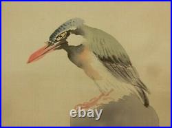 JAPANESE ART PAINTING kingfisher Flower HANGING SCROLL OLD JAPAN Antique d531