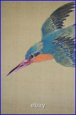 JAPANESE ART PAINTING kingfisher HANGING SCROLL Lotus FROM JAPAN Antique d853