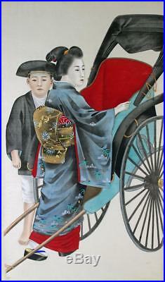 JAPANESE GEISHA GIRL & RICKSHAW Antique Painting On Silk c1930