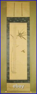 JAPANESE HANGING SCROLL 84.4 Painting Bamboo Sparrow OLD INK Antique Japan c588