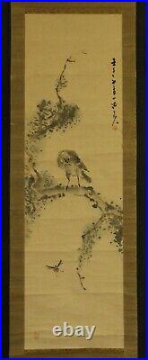 JAPANESE HANGING SCROLL ART Painting Bird and Bee Odaira Shoshu at 1912