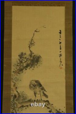 JAPANESE HANGING SCROLL ART Painting Bird and Bee Odaira Shoshu at 1912