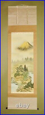 JAPANESE PAINTING ART FUJI LANDSCAPE GOLD 73 Kakejiku HANGING SCROLL Japan c460