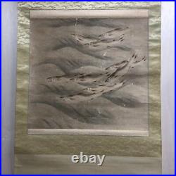JAPANESE PAINTING HANGING SCROLL ANTIQUE PICTURE River fish AYU d828