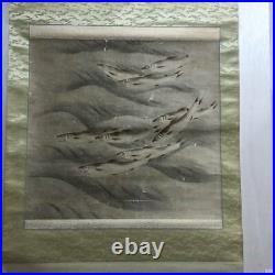 JAPANESE PAINTING HANGING SCROLL ANTIQUE PICTURE River fish AYU d828