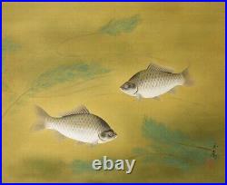 JAPANESE PAINTING HANGING SCROLL FROM JAPAN Crucian CARP ANTIQUE OLD ART f092