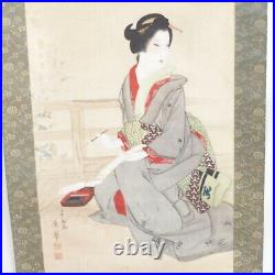 JAPANESE PAINTING HANGING SCROLL FROM JAPAN KIMONO ANTIQUE BEAUTY WOMAN d882