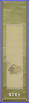 JAPANESE PAINTING HANGING SCROLL FROM JAPAN Rabbit VINTAGE PICTURE AGED d988