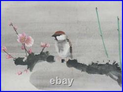 JAPANESE PAINTING HANGING SCROLL FROM JAPAN SPARROW PLUM Vintage PICTURE e461