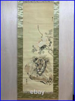 JAPANESE PAINTING HANGING SCROLL From JAPAN LION ANTIQUE Old ART Rose e175