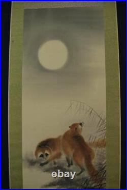 JAPANESE PAINTING HANGING SCROLL From JAPAN Raccoon Dog VINTAGE Moon 428p
