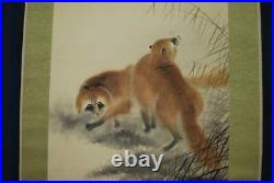 JAPANESE PAINTING HANGING SCROLL From JAPAN Raccoon Dog VINTAGE Moon 428p