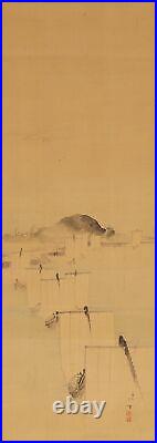 JAPANESE PAINTING HANGING SCROLL From JAPAN Ship ANTIQUE OLD Fishing boat f054