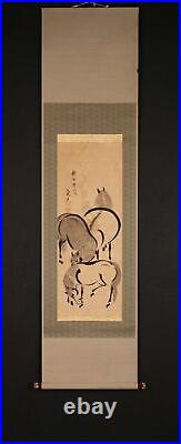 JAPANESE PAINTING HANGING SCROLL Horse ANTIQUE Rear view INK ART KAKEJIKU d707