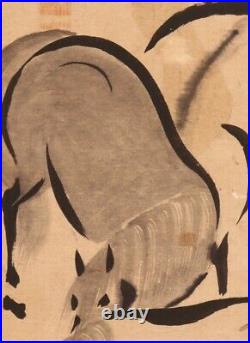 JAPANESE PAINTING HANGING SCROLL Horse ANTIQUE Rear view INK ART KAKEJIKU d707
