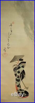 JAPANESE PAINTING HANGING SCROLL JAPAN BEAUTY GEISHA LADY ANTIQUE KIMONO c175