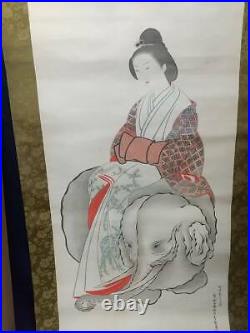 JAPANESE PAINTING HANGING SCROLL JAPAN BEAUTY WOMAN LADY Elephant e877