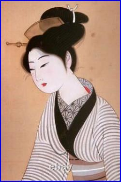 JAPANESE PAINTING HANGING SCROLL JAPAN BEAUTY WOMAN LADY VINTAGE PICTURE d257