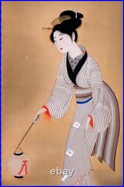 JAPANESE PAINTING HANGING SCROLL JAPAN BEAUTY WOMAN LADY VINTAGE PICTURE d257