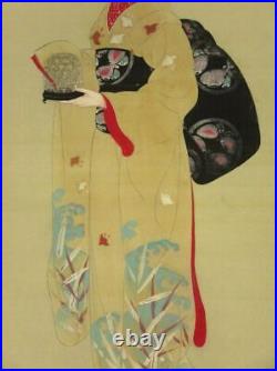 JAPANESE PAINTING HANGING SCROLL JAPAN BEAUTY WOMAN LADY VINTAGE PICTURE d638
