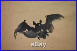 JAPANESE PAINTING HANGING SCROLL JAPAN Bat MOON ORIGINAL ANTIQUE Old Art 133m