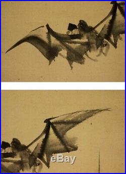 JAPANESE PAINTING HANGING SCROLL JAPAN Bat MOON ORIGINAL ANTIQUE VINTAGE 776i