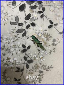 JAPANESE PAINTING HANGING SCROLL JAPAN Bush Clover Grasshopper Antique OLD e263