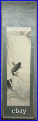 JAPANESE PAINTING HANGING SCROLL JAPAN CARP CASCADE VINTAGE ANTIQUE PICTURE 224n