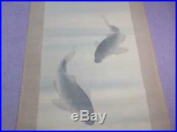 JAPANESE PAINTING HANGING SCROLL JAPAN CARP VINTAGE ART PICTURE OLD d659