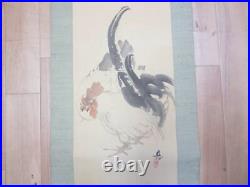 JAPANESE PAINTING HANGING SCROLL JAPAN Chicken Cock Rooster Chick f144