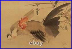 JAPANESE PAINTING HANGING SCROLL JAPAN Chicken Cock Rooster Hen Vintage 965q