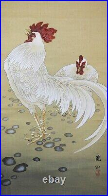 JAPANESE PAINTING HANGING SCROLL JAPAN Chicken Hen ANTIQUE OLD ART PICTURE d923