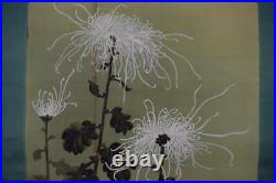 JAPANESE PAINTING HANGING SCROLL JAPAN Dragonfly Chrysanthemum Antique 919p