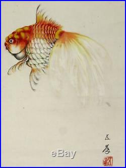 JAPANESE PAINTING HANGING SCROLL JAPAN FISH Goldfish ANTIQUE ART VINTAGE 197n