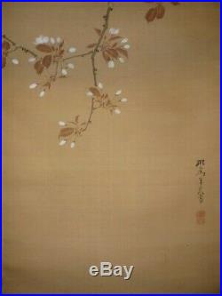JAPANESE PAINTING HANGING SCROLL JAPAN FLOWER BIRD ORIGINAL ANTIQUE ART OLD 751n